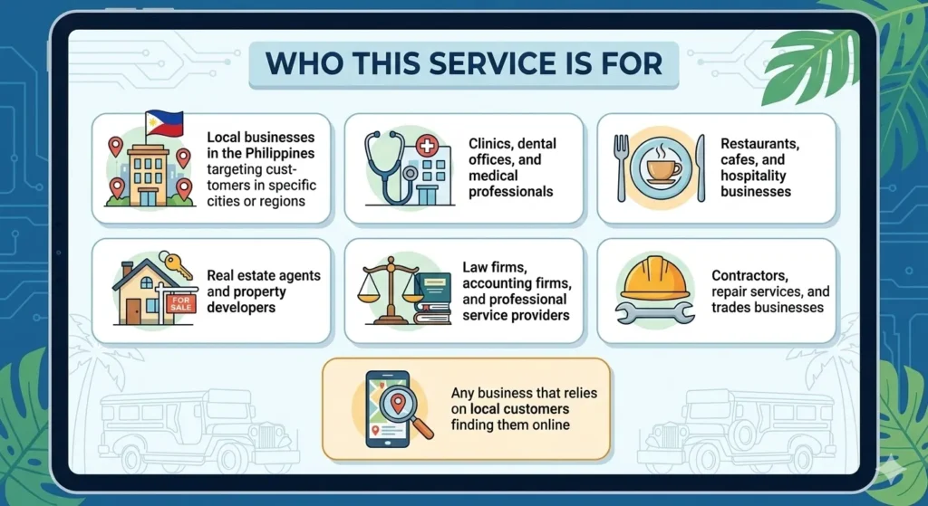An infographic titled 'WHO THIS SERVICE IS FOR,' presented in a clean, semi-flat digital illustration style. The image is structured into a list with modern icons and labels arranged in two columns, and a final point below. The content covers: Local Businesses in the Philippines (map pin and building icon), Clinics & Medical Professionals (medical cross and stethoscope), Restaurants, Cafes & Hospitality (fork, knife, and plate), Real Estate Agents & Developers (house and key), Law, Accounting & Professional Firms (scales of justice and briefcase), Contractors & Repair Services (hard hat and wrench), and a final section: Businesses Relying on Local Search (smartphone with magnifying glass over a map location pin). The background is a light blue with subtle tropical patterns and circuit board elements.