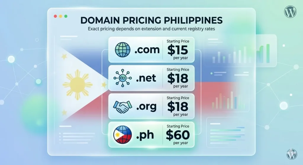 A professional pricing table graphic for WP Dev Care PH showing competitive annual rates for .com, .net, .org, and .ph domain extensions in the Philippines.