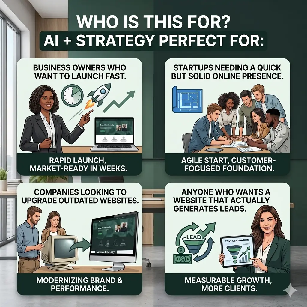 An infographic with four panels illustrating target audiences for "AI + Strategy" website services, including business owners wanting a fast launch, startups needing a solid presence, companies upgrading outdated sites, and anyone seeking lead generation and measurable growth.