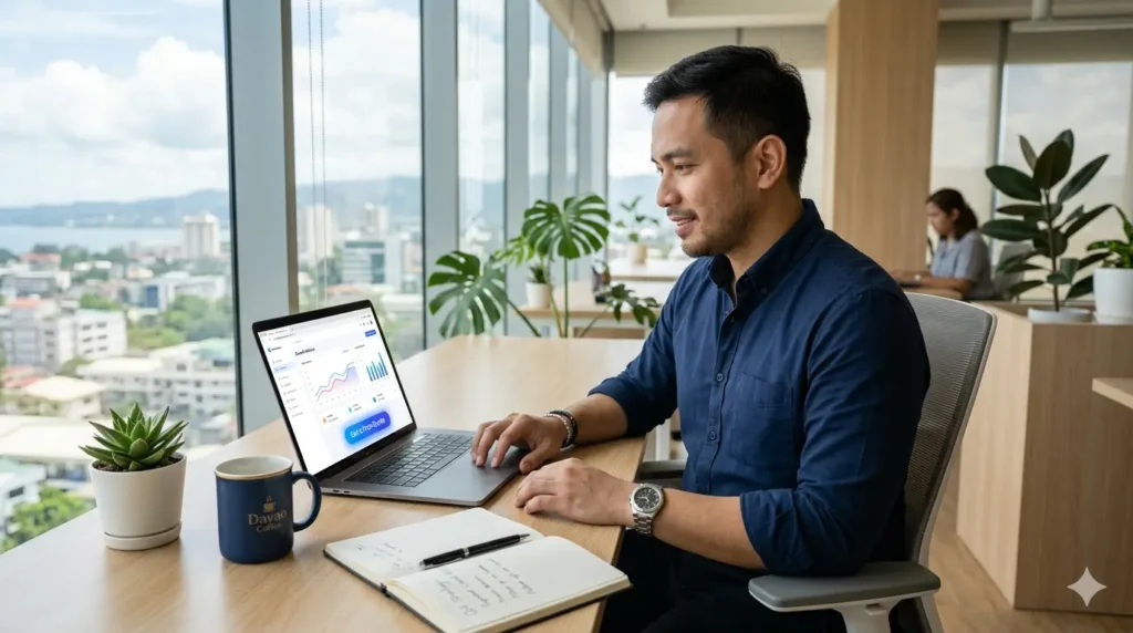 Filipino business owner reviewing an AI-powered website on a laptop in a modern Davao office setting