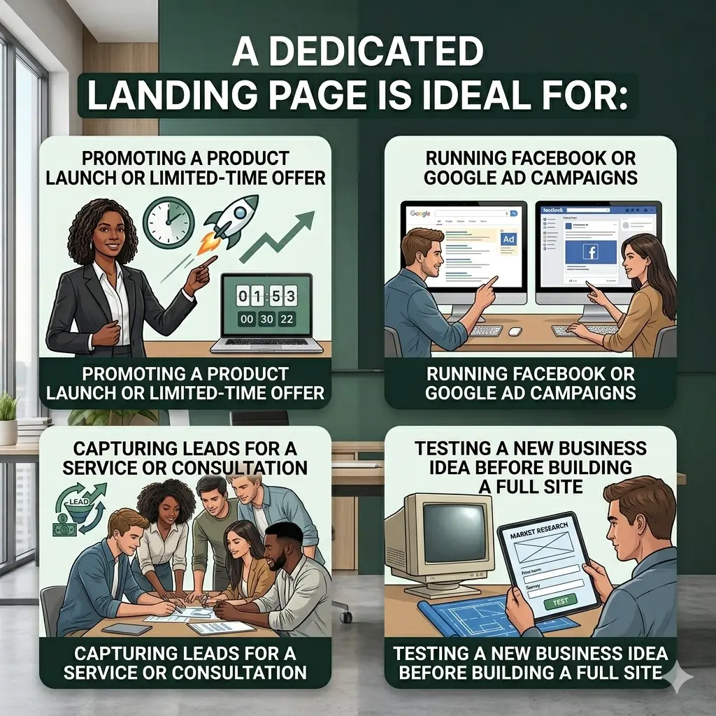 dedicated landing page use cases infographic for businesses and marketers